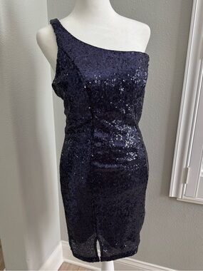 Women’s navy blue full sequined sleeveless one shoulder cocktail dress Large /10